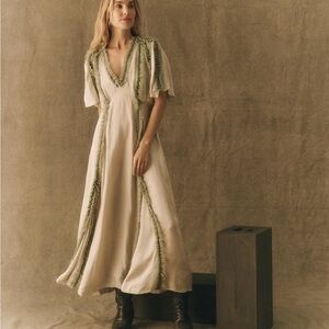 THE GREAT. Cream Maxi Dress with Green Accents